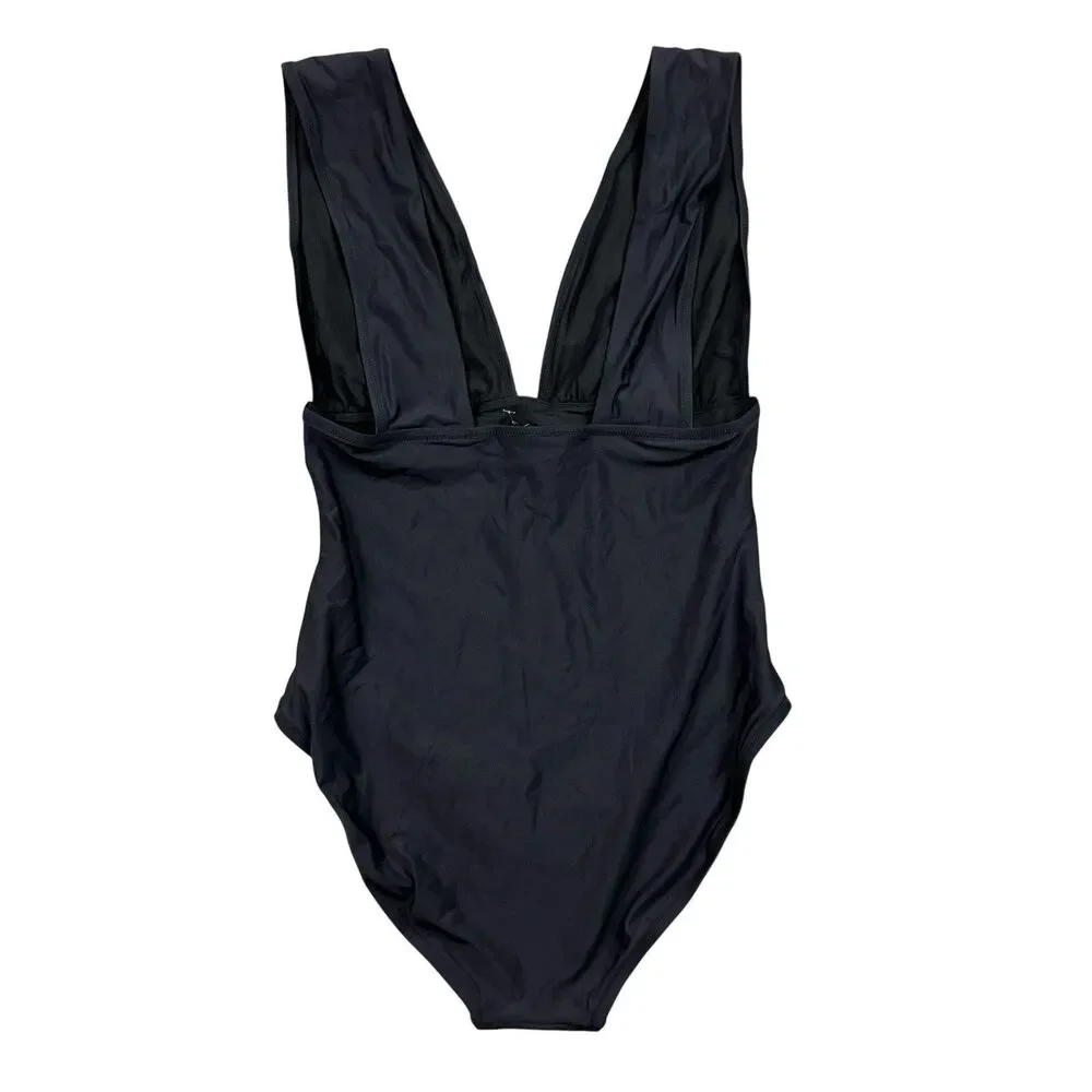 J Crew Plunge Swimsuit Womens 10 Black V Neck One Piece Lined Resortwear G9417